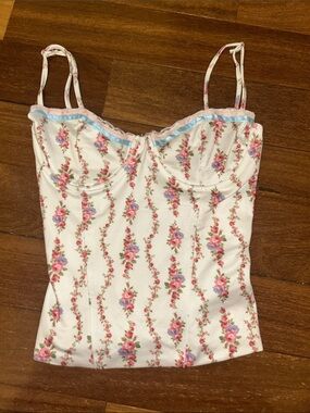 Edikted Floral Bustier Cami Top - White with Pink Rose Print